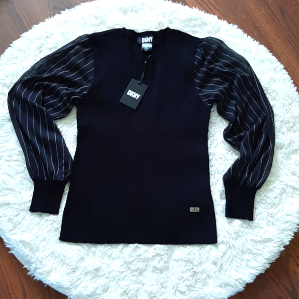 DKNY Black Sweater With Sheer White Stripe Sleeves, Size Large, NWT
